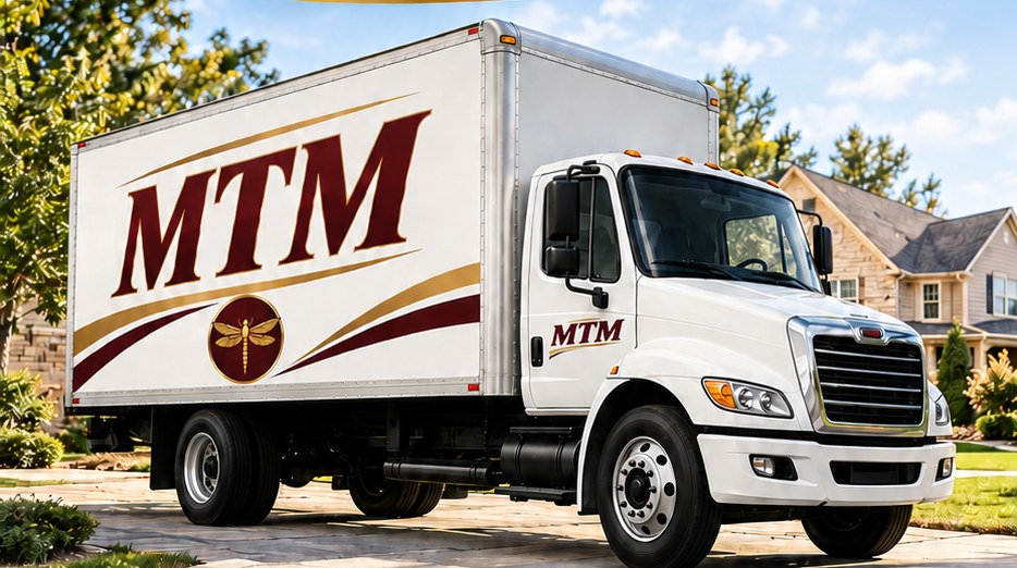 The MTM moving truck outside a home